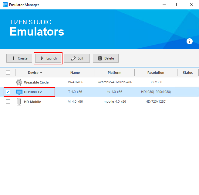 emulator instance launch tizen tv