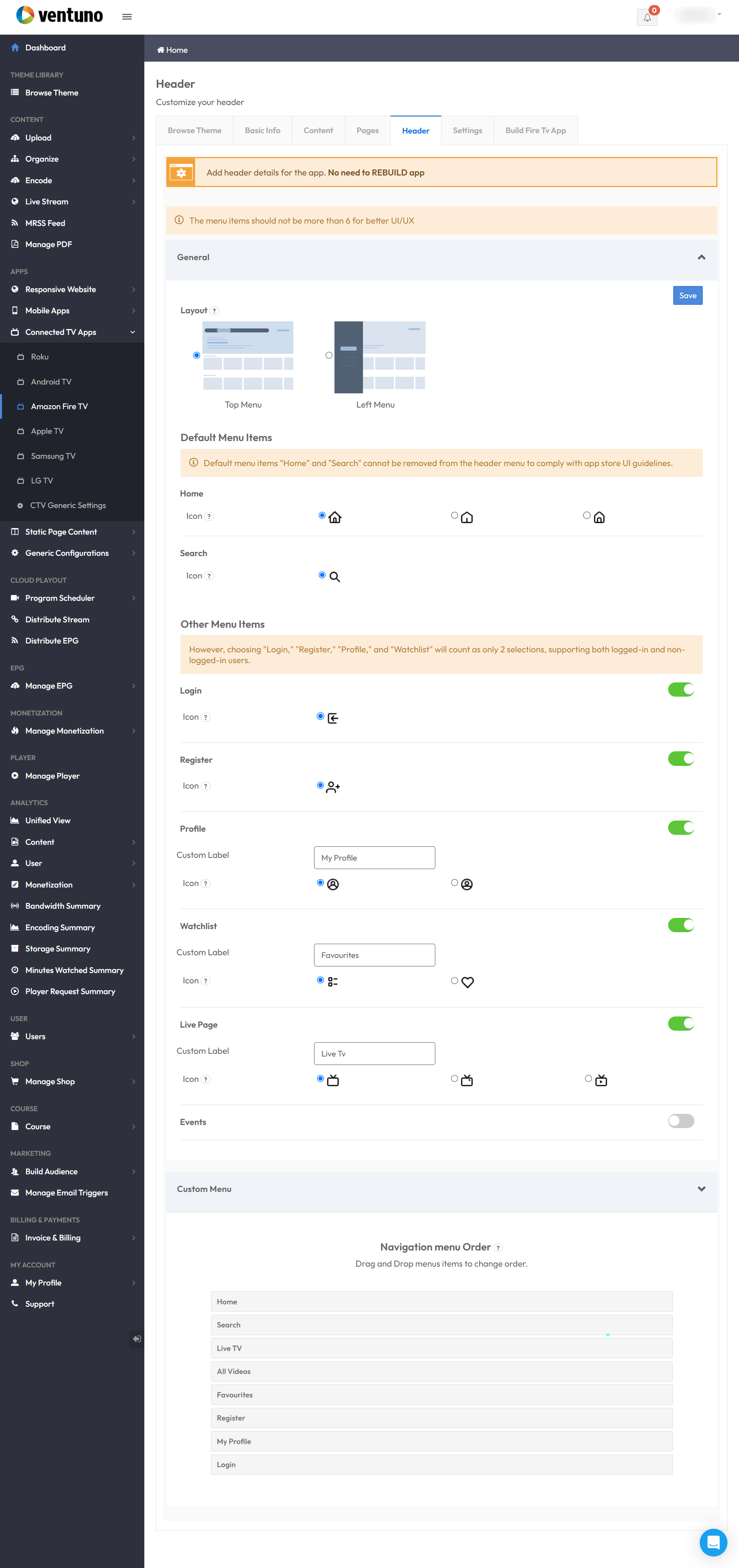 Fire TV Tailoring the Header