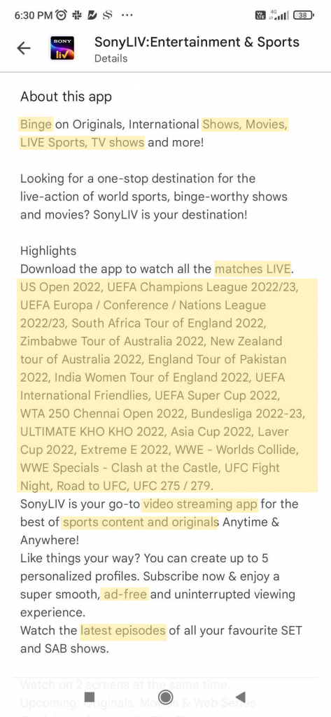 keywords Sony live App